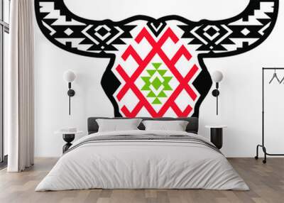 Cow skull silhouette with vintage traditional aztec ornament on head. Vector print art black graphic illustration isolated on white Wall mural