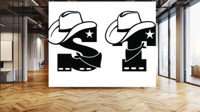 English alphabet black silhouette. Vector illustration of letter S and T with western decoration Cowboy hat and sheriff star isolated on white background. Cowboy baby cartoon party style characters Wall mural