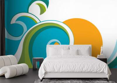 Nature sea with waves and sun.Vector illustration isolated on wh Wall mural