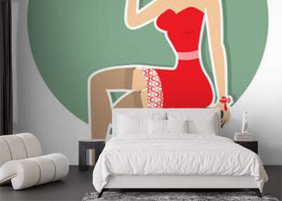 Petro woman is sitting and drinking martini in red dress on whit Wall mural