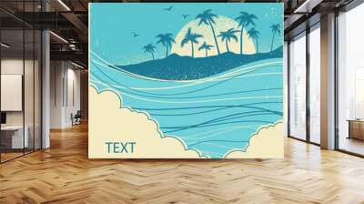 sea waves and island vector vintage graphic illustration of water seascape Wall mural