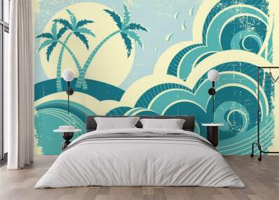 sea waves and island. vector vintage graphic illustration of wat Wall mural