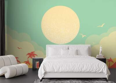 Tropical island paradise background with palms silhouette and sky Wall mural