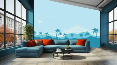 Tropical island paradise background with palms silhouette and sun Wall mural