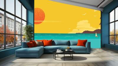 Tropical island paradise horizon seascape background with palms silhouette Wall mural