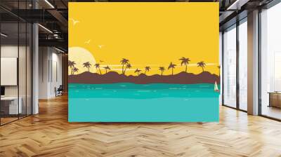 Tropical island paradise. Seascape background with palms silhouette and sky Wall mural