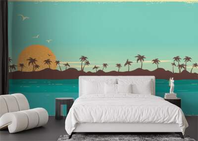 Tropical island paradise.Vintage poster background with palms silhouette Wall mural