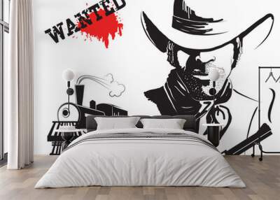 Vector bandit and locomotive. Western poster Wall mural