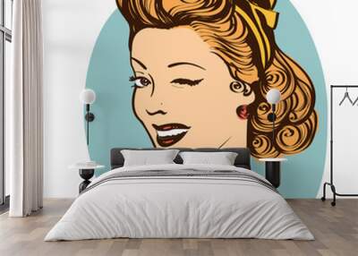 Winking young woman in retro clothes isolated on white Wall mural