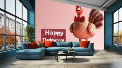 3D turkey with bow tie beside glittery Thanksgiving sign. Wall mural