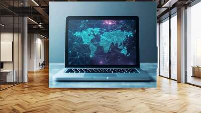 Laptop displaying a digital world map with global connections Wall mural