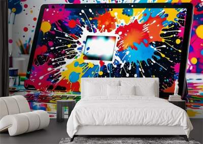 wallpaper depicting a computer and paint splashes on the screen with digital technology effects. Wall mural