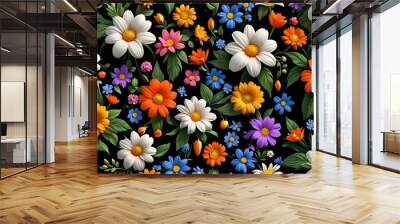 wallpaper depicting a pattern of primtenps flowers with a black background. Very decorative set in relief. Wall mural