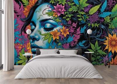 wallpaper representing an abstract painting of a woman's face surrounded by flowers and leaves. Wall mural