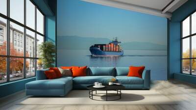 Cargo/ commercial ship traveling in the Aegean Sea in Greece, carrying containers. Wall mural