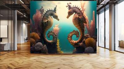 Beautiful scene with two seahorses underwater ocean blue water salt aqua plants rippling surface cute little sea abdomen long tail Generative AI  Wall mural