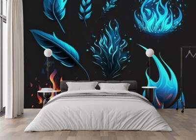 blue flame graphic icon set synthesis effect hand drawn on black background holographic pictures chemical signals fire icons set leaf burning shaped Generative AI  Wall mural