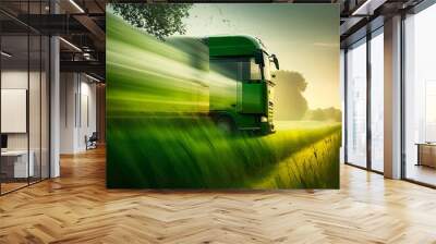 green transport truck driving through a blurred green meadow at sunrise. heading straight for the destination through everything in sunset  holographic light field Generative AI  Wall mural