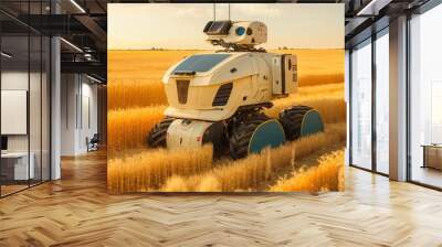 harvesting robot, an autonomous vehicle for management in a grain field in agriculture, commercial vehicle robot with artificial intelligence wheat big wheels yellow modern technology Generative AI Wall mural