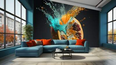 juice splash. drink art water drops color explodes fruit content healthy orange background white black milkshake Generative AI  Wall mural