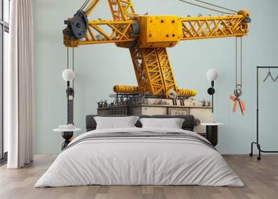 lifting crane, lifting screw yellow huge structure giant big modern stabile hard construction iron hook  can be controlled by remote control heavy tow rope vehicle bulldozer Generative AI  Wall mural