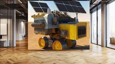 solar machine in the shape of a tractor yellow big wheels energy high-tech, in sand desert reneawble futuristic agriculture Generative AI Wall mural