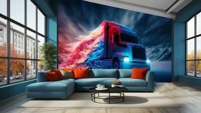 truck on icy road, motion with technology lights background, red and blue colours speed futuristic holographic cosmic  Wall mural