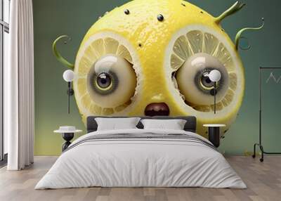 unrealistic,creativ,lemon with cute eyes and mouth yellow wondering with mouth open healthy fruit vitamin tropical sour fantasy character face crazy fool fresh character happy very Generative AI  Wall mural