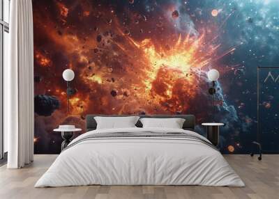 Explosive cosmic event displaying vivid colors and dynamic movement among asteroids in deep space Wall mural