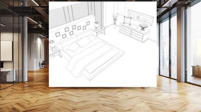 Contour of a bedroom from black lines isolated on a white background. Perspective view. Vector illustration Wall mural