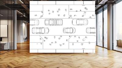 Outline of a busy street with people and cars from black lines isolated on a white background. View from above. 3D. Vector illustration. Wall mural