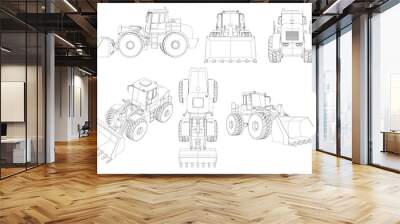 Set with contours of the bulldozer. 3D. Black line bulldozer isolated on white background. Bulldozer from different angles. Vector illustration Wall mural