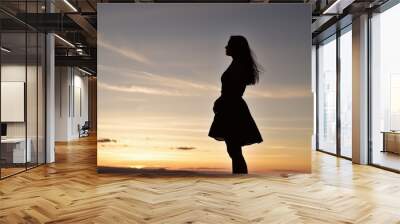 silhouette of a girl on the beach at sunset Wall mural