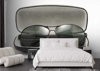 sunglasses in black opened case isolated on white Wall mural