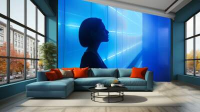 sala de realidad aumentada tecnología dinámica colores azules silueta de mujer Wall mural