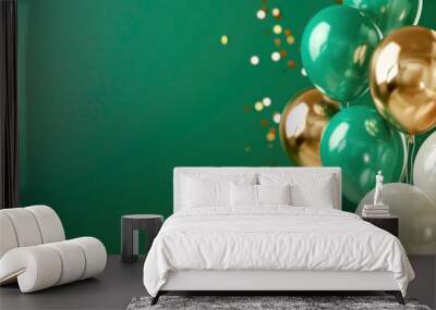 Beautiful happy birthday green color background with golden green white balloons and confetti, celebration, party,, new, year, christmas, xmas, greeting card Wall mural