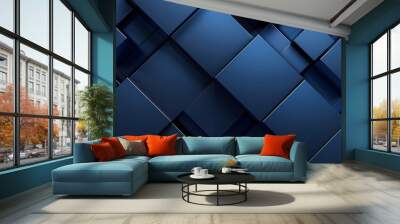 Closeup of blue metallic geometric shapes of cubes or boxes with 3d gradient, modern bussines design Wall mural