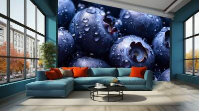 Closeup of fresh delicious fruit of blueberries with water drops as background Wall mural