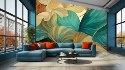 Huge organic abstract leaves in turquoise and beige background, abstract design Wall mural