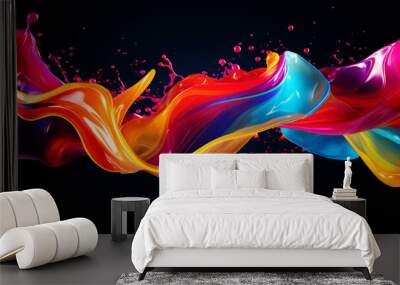 Liquid floating colorful, color splash in rainbow colors isolated on black background Wall mural