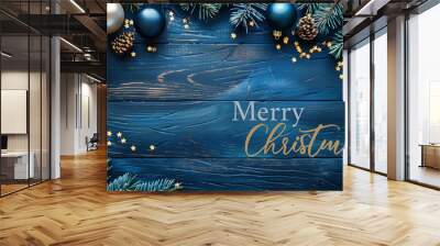 Merry Christmas celebration holiday background greeting card, christmas decoration with branches and red golden baubles balls on wooden board with text as background Wall mural