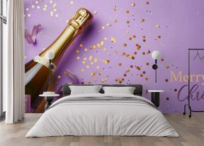 Merry Christmas celebration holiday background greeting card, gift and champagne bottle on decorated purple background with text Wall mural