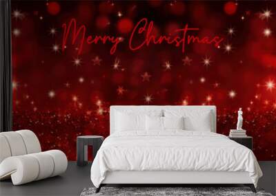 Merry Christmas celebration holiday background greeting card, red glitter particles stars festitive red background  Wall mural