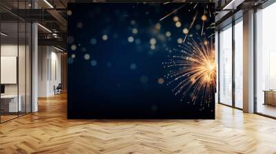 Silvester, New year eve, celebration, fireworks on blue night background with golden shining bokeh Wall mural