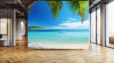 Vacation, holiday, summer, travel - beach with sea or ocean water and blue sunlight sky, palm trees with leaves  Wall mural