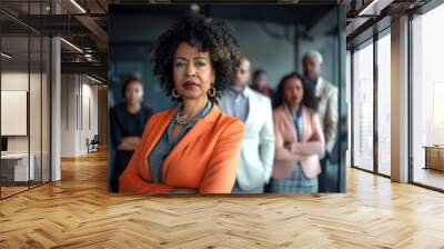 A woman in an orange jacket stands with her arms crossed in front of a group of people Wall mural