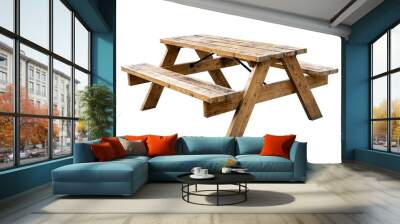 Modern outdoor wooden large bench with a table. isolated. Wall mural