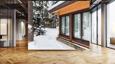 Modern wooden house with big windows in winter Wall mural