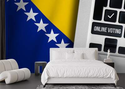 Online voting concept in Bosnia and Herzegovina. Keyboard near country flag. Wall mural