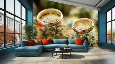 Wedding gold rings on cactus with orange fruits. Love, marriage concept. Side view. Wall mural